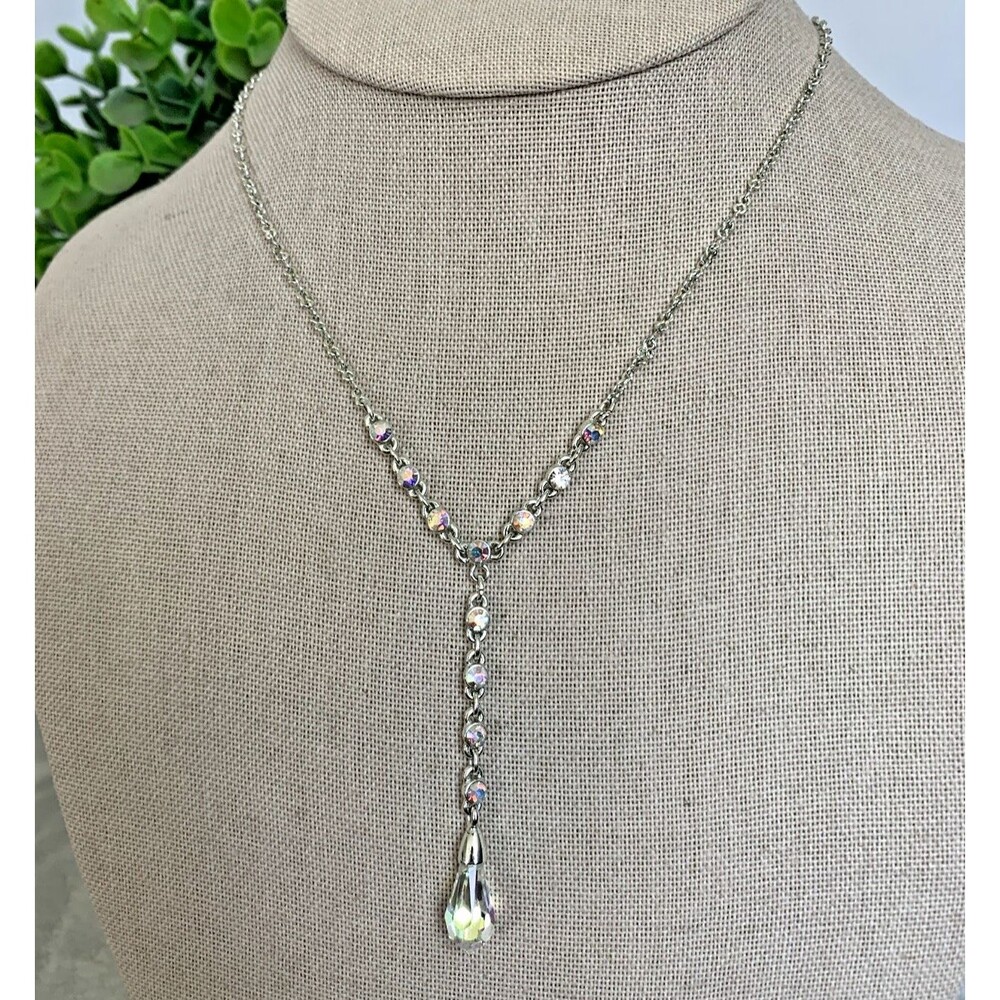 Vintage Givenchy Crystal Y Drop Necklace Signed Silver Tone Bridal Prom 17"